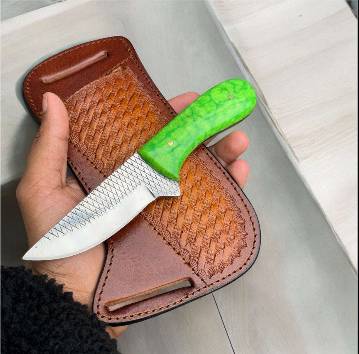 Cowboy Knife Sheath – 8" Rasp Steel Blade with Parrot Resin Handle & Western Leather Sheath